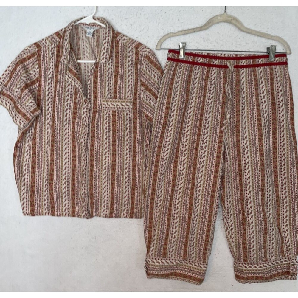 Sleep Sense Short Sleeve Pajama Set Crop Pants Button Top sz PM Floral Striped